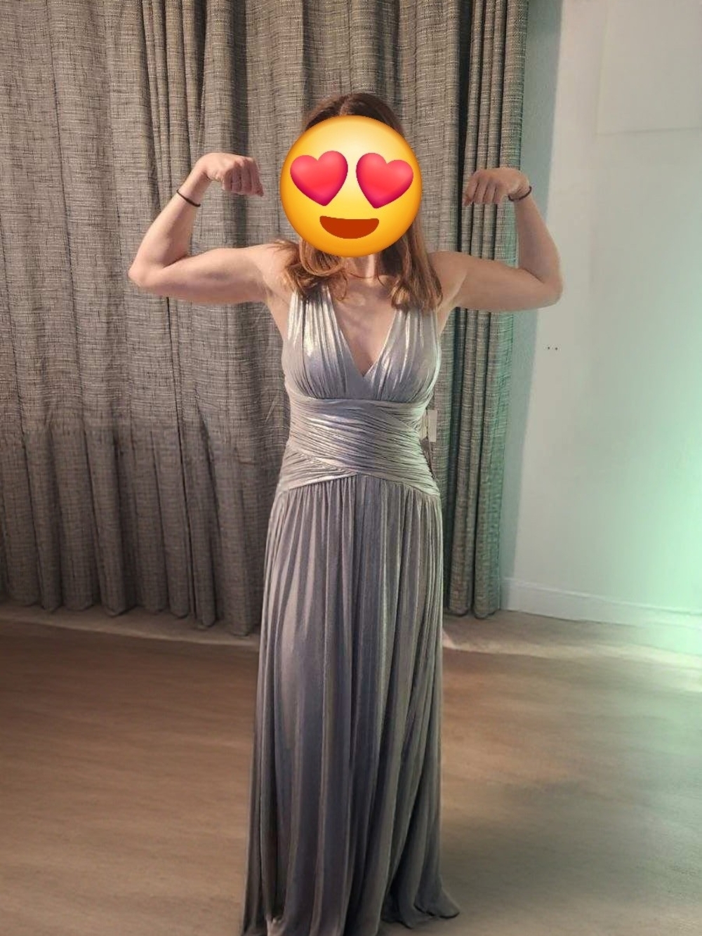 Calvin Klein Silver Metallic Plunging V-Neck Maxi Dress